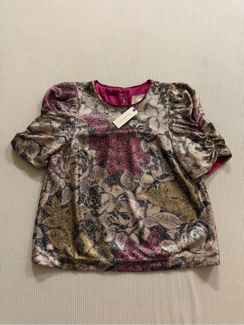 Anthropologie Metallic Floral Puff-Sleeve Blouse in Pink, Gold, Cream